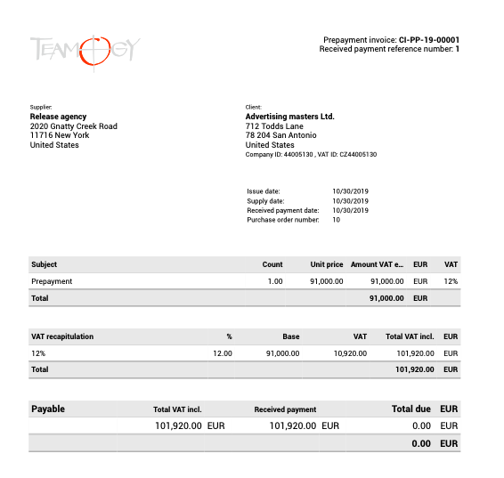 Sales Prepayment Invoice Teamogy